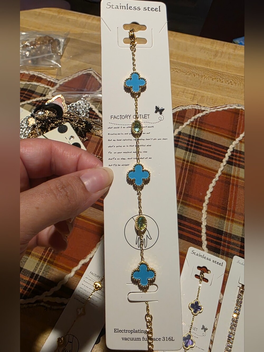 Stainless Steel Blue Clover Link Bracelet - Gold Chain